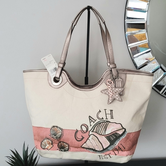 Coach Cream And Coral Shell Tote - Picture 5 of 16